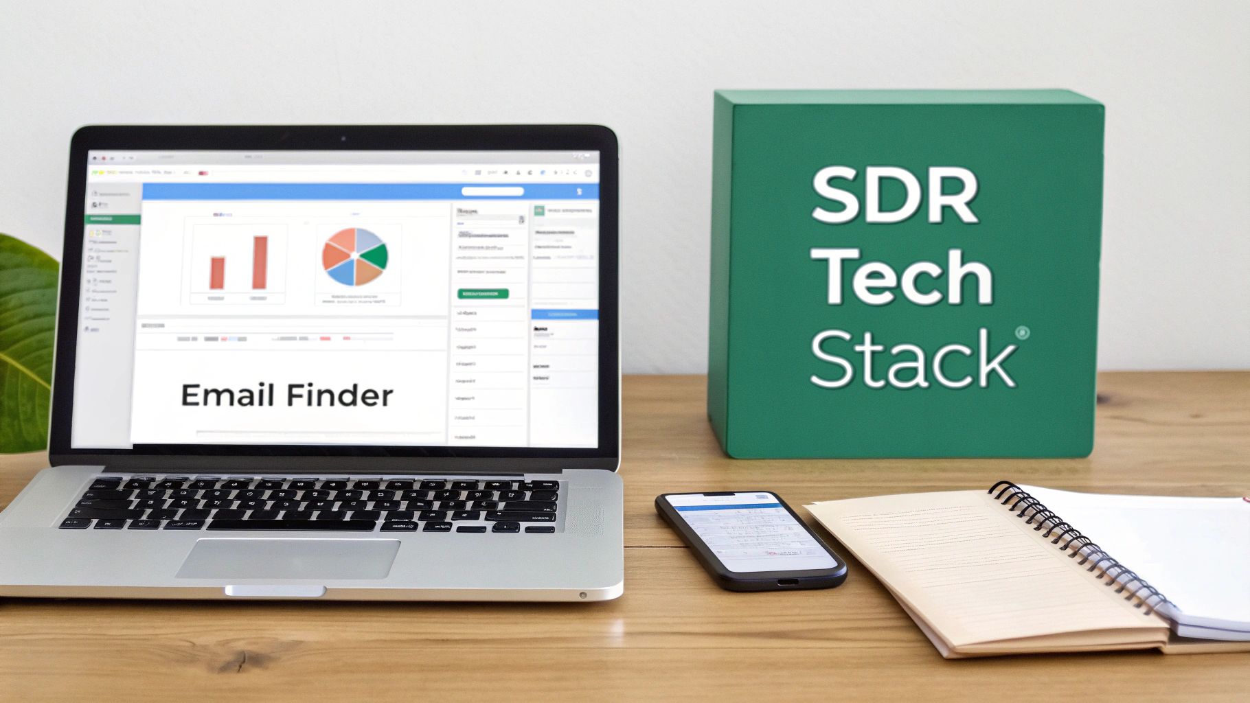 A laptop screen displaying 'Email Finder' and charts, alongside an SDR Tech Stack box, a smartphone, and an open notebook on a wooden desk.