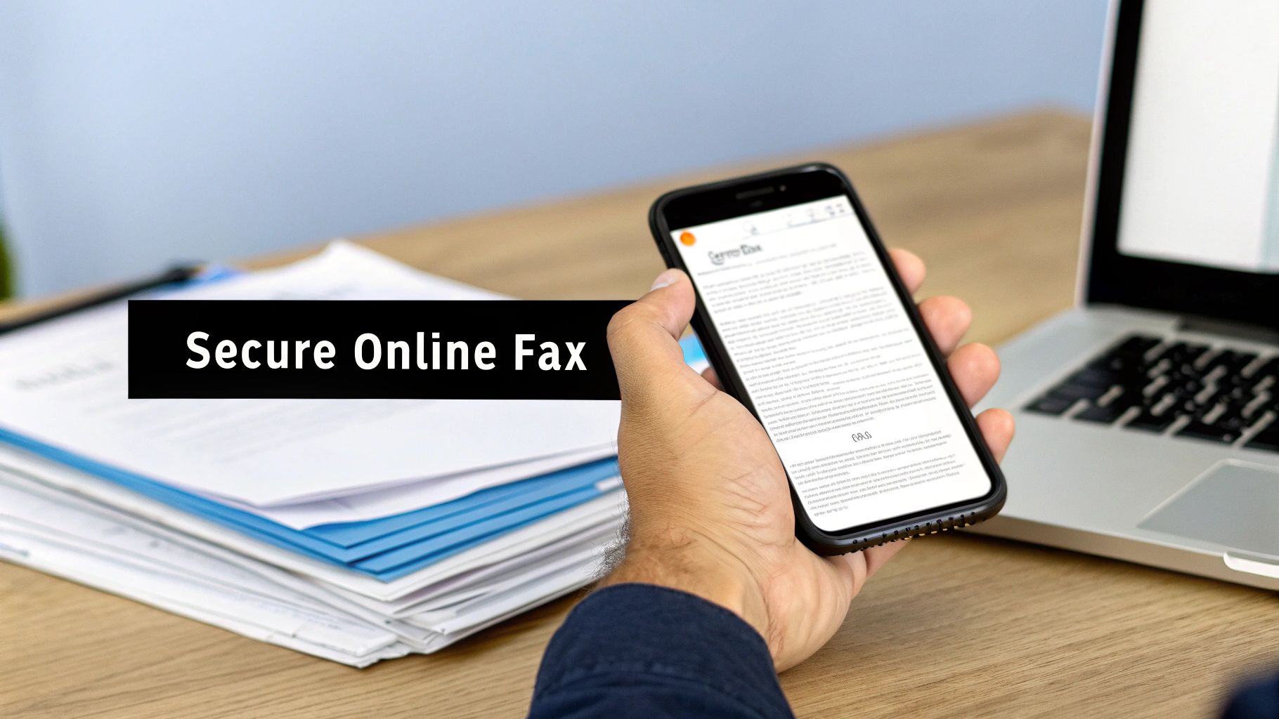 A person holds a smartphone displaying a document, with 'Secure Online Fax' text overlay and papers on a desk.