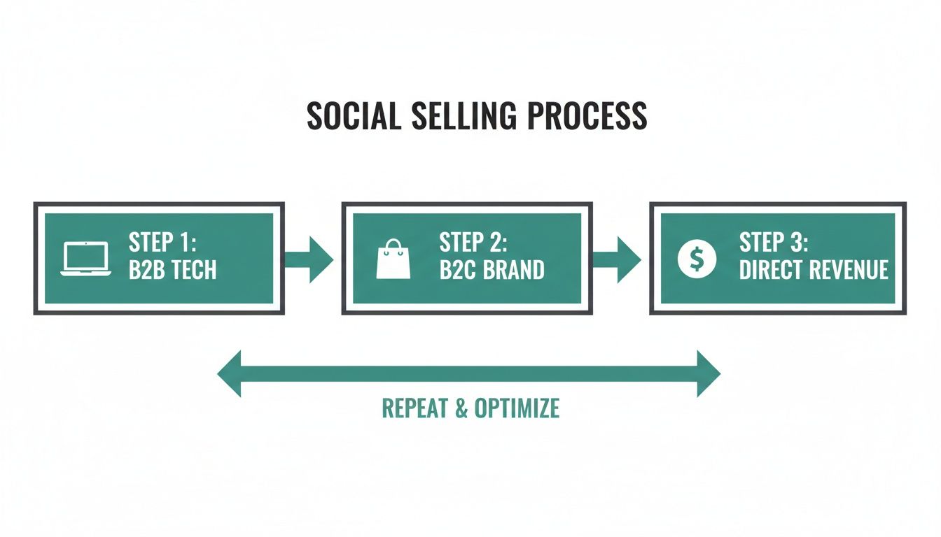 Flowchart of the social selling process, featuring steps: B2B tech, B2C brand, direct revenue, plus repeat and optimize.