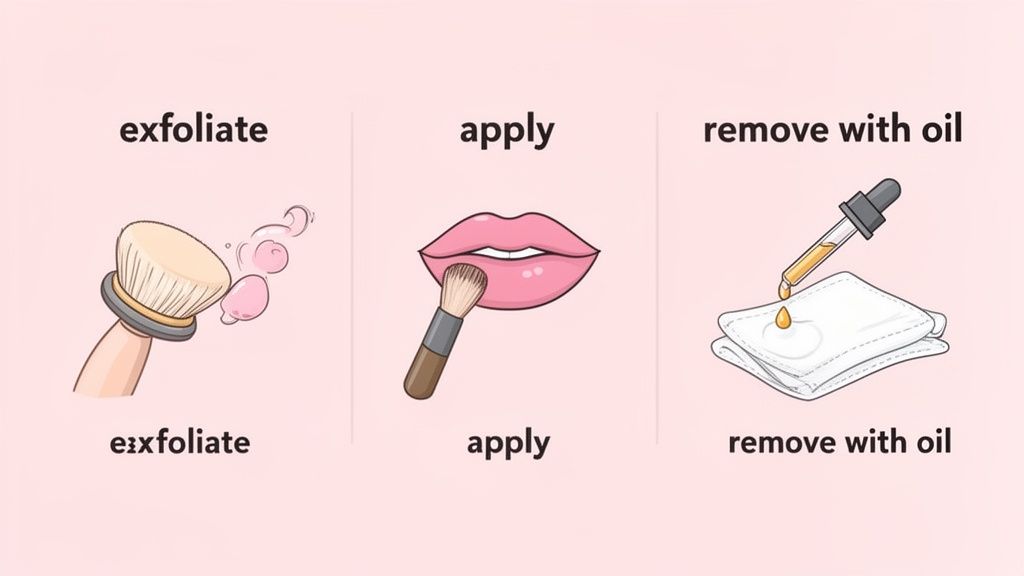 A three-step lip care routine: exfoliating lips with a brush, applying product, and removing with oil.
