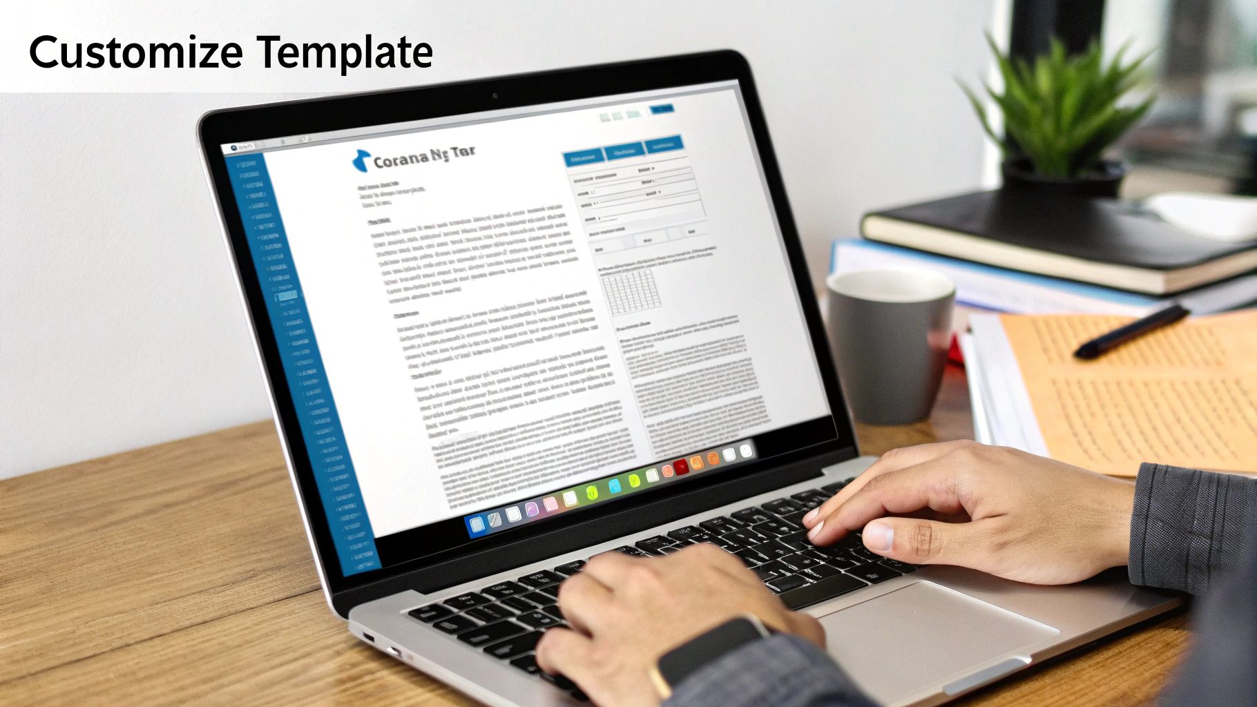 Close-up of hands typing on a laptop, customizing a digital template with office items nearby.