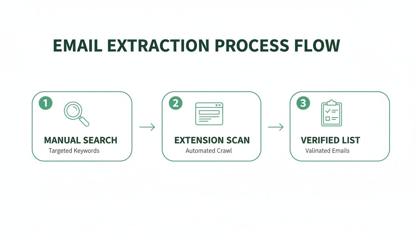 Email extraction process flow diagram showing three steps: manual search, extension scan, and verified list.