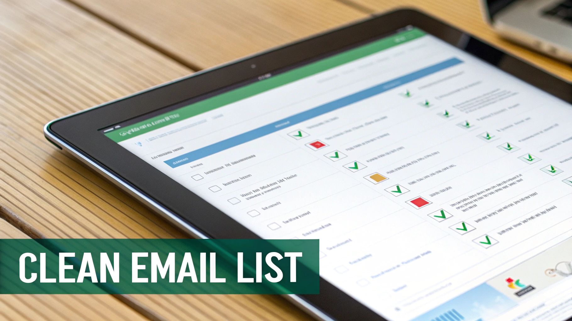A tablet displaying a digital checklist with green checkmarks, orange, and red squares, emphasizing a clean email list.
