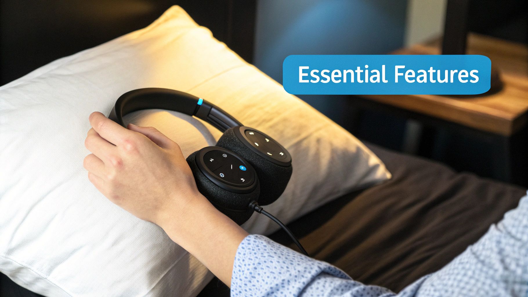 A close-up shot of a person using slim, wireless headphones in bed, with soft lighting.