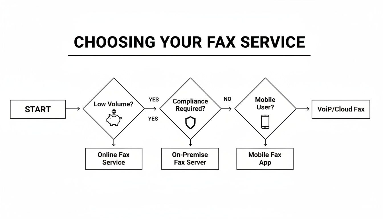 Flowchart diagram guiding users to choose a fax service based on low volume, compliance, and mobile usage.
