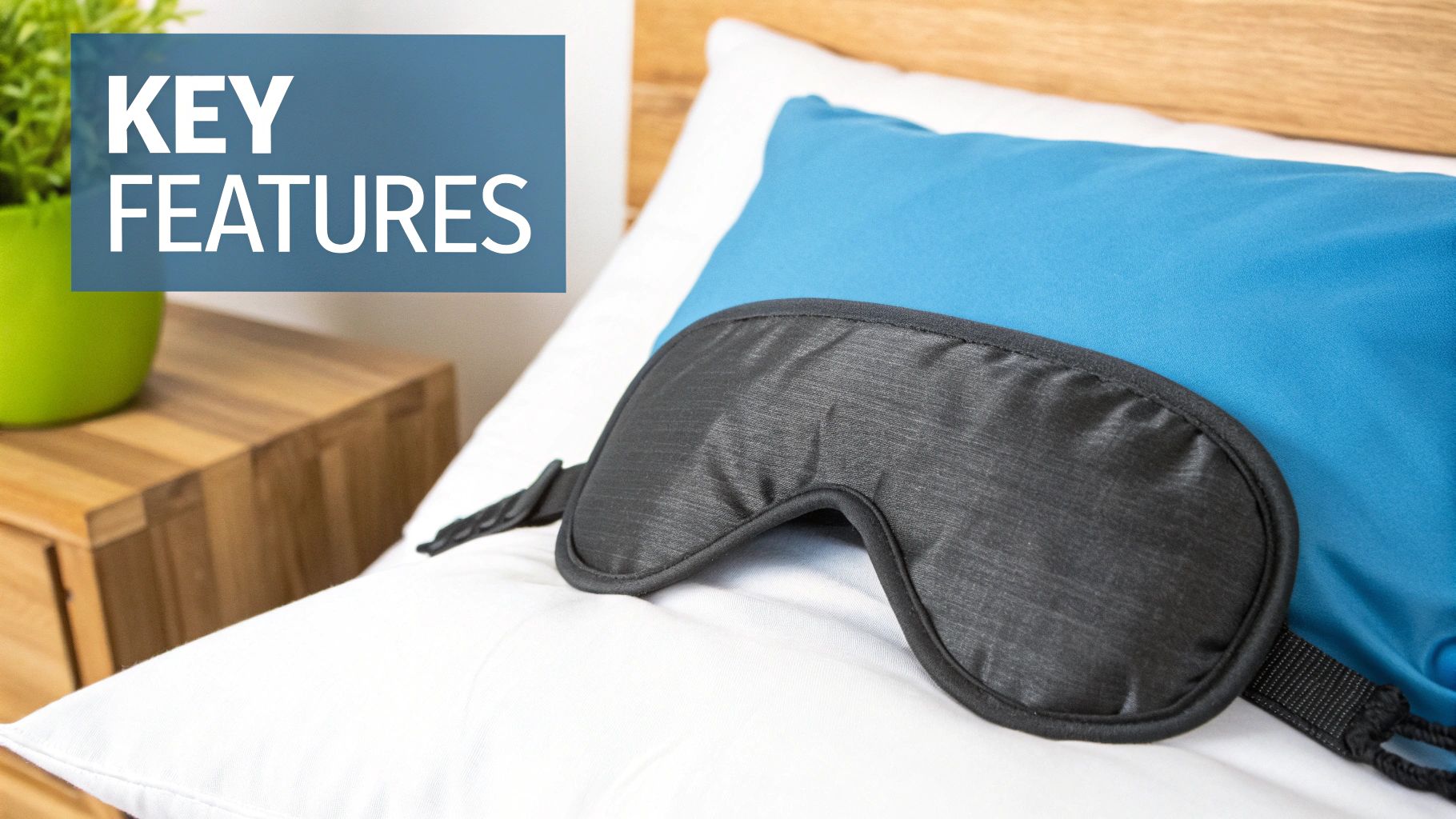 A black sleep mask rests on a white pillow in a bedroom with a blue pillow.