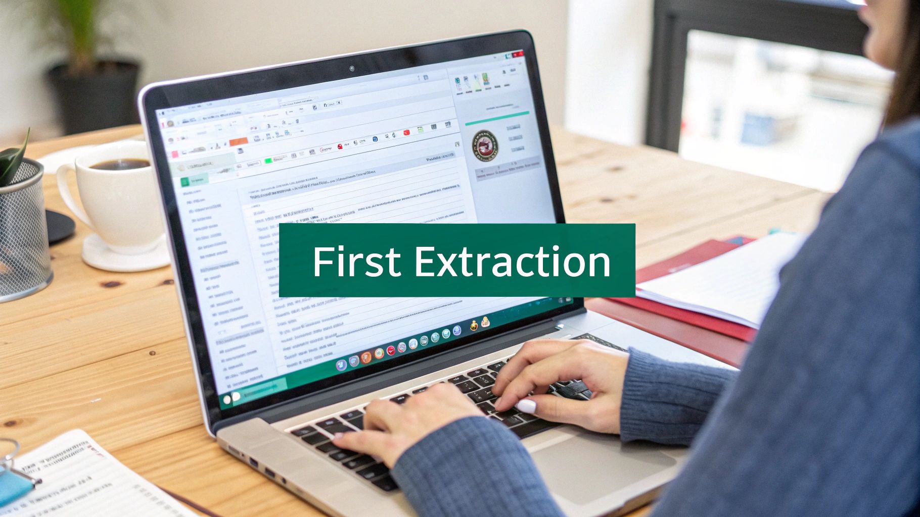 Person typing on a laptop, likely using an email extractor extension on a wooden desk.