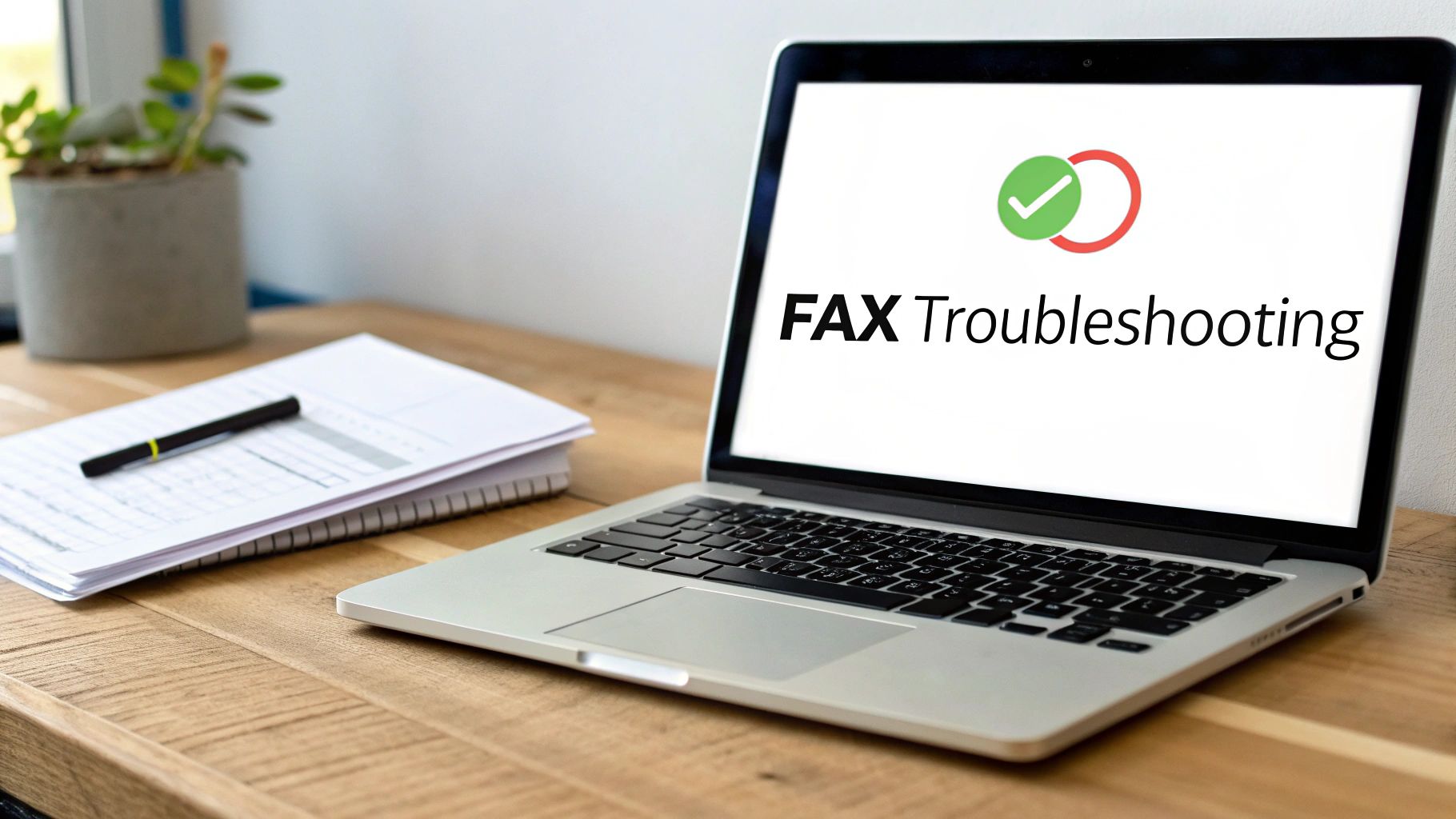 A laptop on a wooden desk displays 'FAX Troubleshooting' on its screen, next to a notebook.