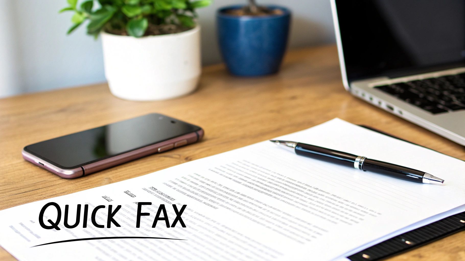 A modern office desk setup with a smartphone, document, pen, laptop, and "QUICK FAX" text.