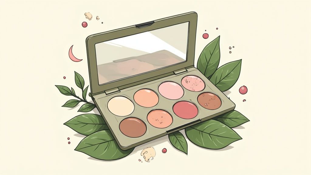A collection of vegan makeup products including lipstick and powders arranged on a clean surface