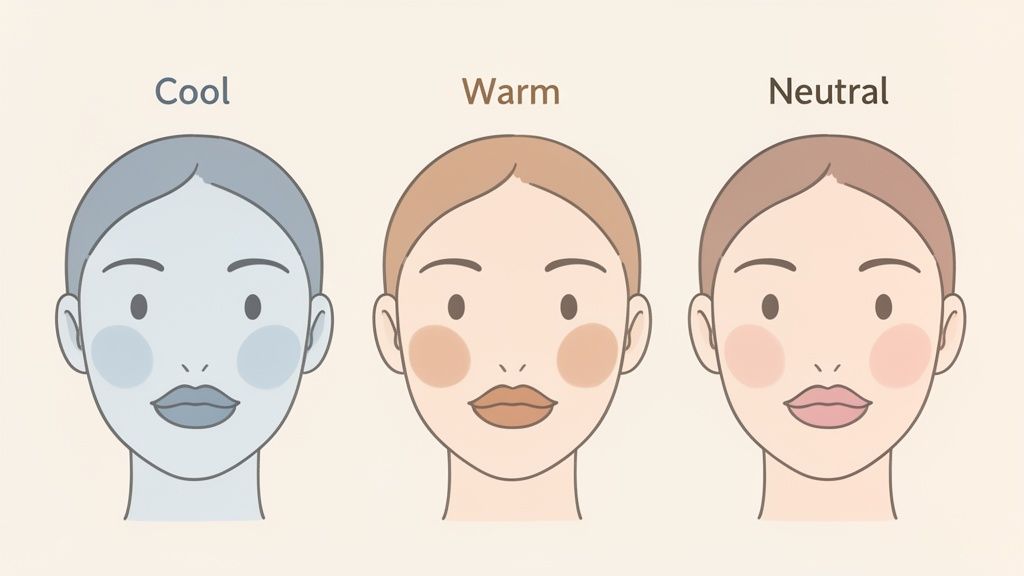 Illustration comparing cool, warm, and neutral skin undertones with appropriate makeup shades.