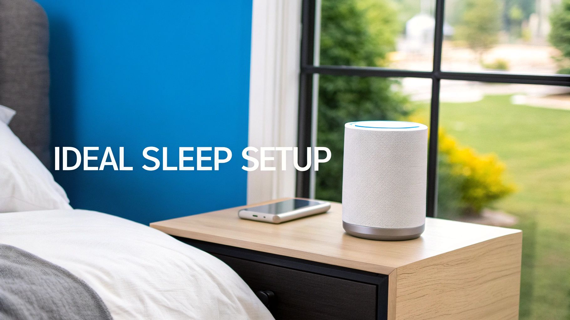 A nightstand with a white smart speaker and smartphone beside a bed, illustrating an ideal sleep setup.