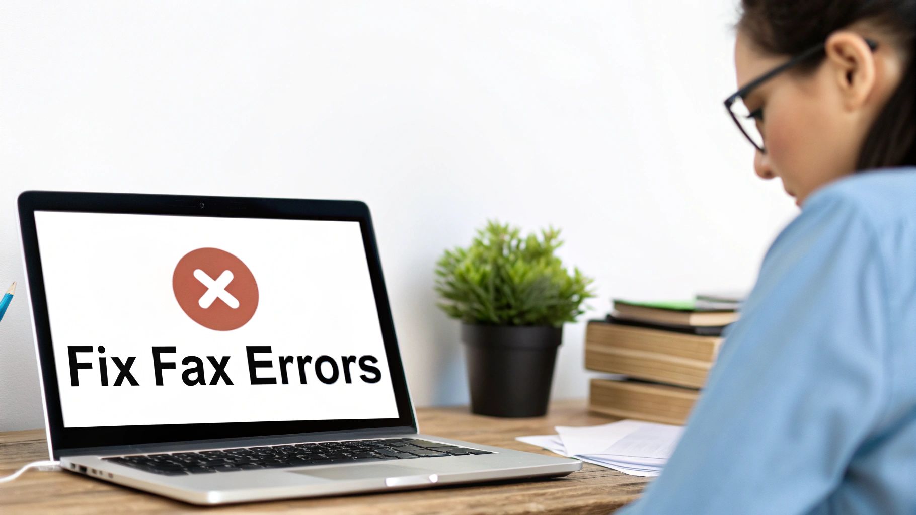 Woman at desk viewing laptop screen displaying fix fax errors message with error icon