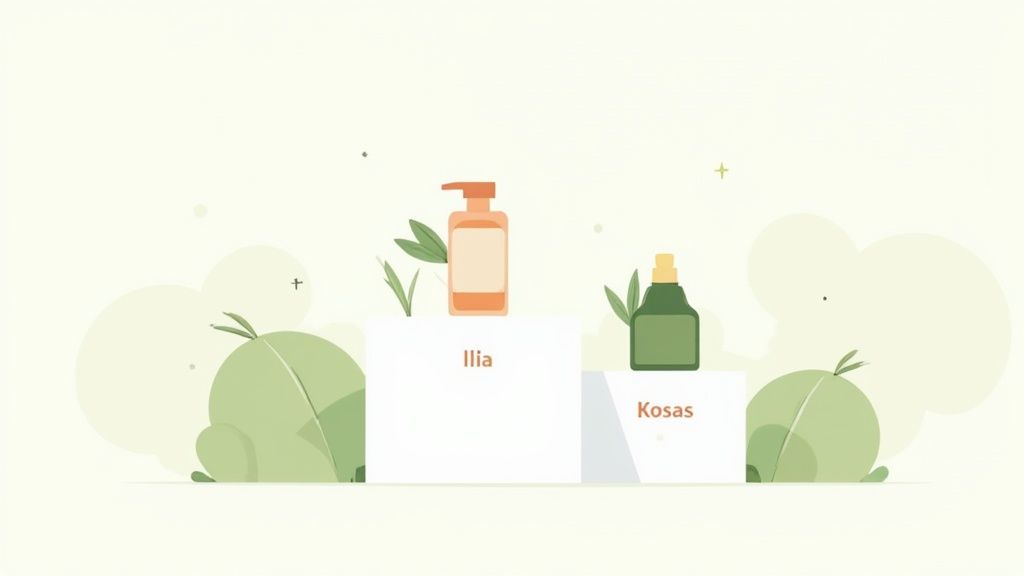Several clean beauty products arranged on a countertop with minimalist decor