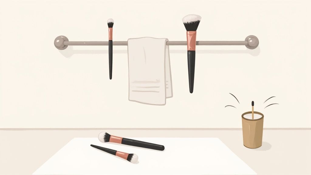 Clean makeup brushes hanging upside down to dry.