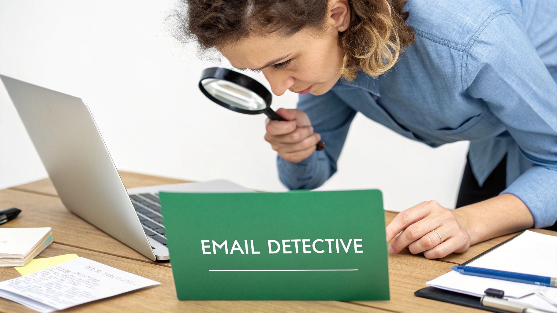 A woman uses a magnifying glass to inspect a green folder labeled 'EMAIL DETECTIVE' on a wooden desk.