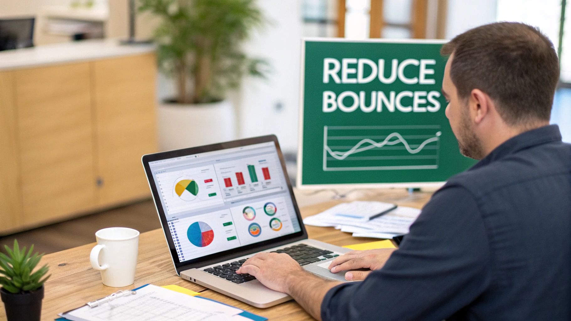 A person working on a laptop with charts and graphs in the background, symbolizing digital marketing analysis.