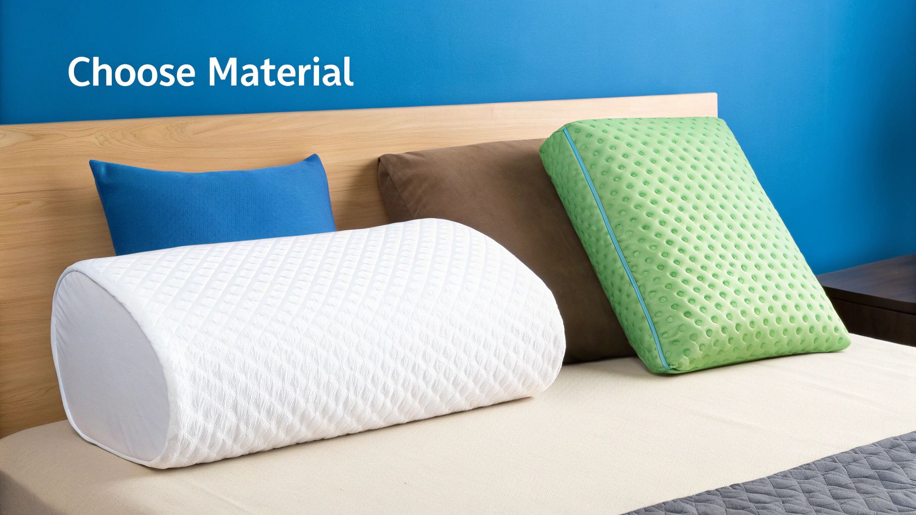 A bed with multiple pillows: a white lumbar support, a blue pillow, a brown pillow, and a green textured pillow.