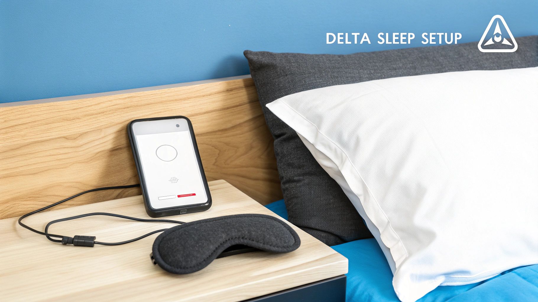 Close-up of a smartphone and sleep mask on a wooden bedside table for delta sleep.