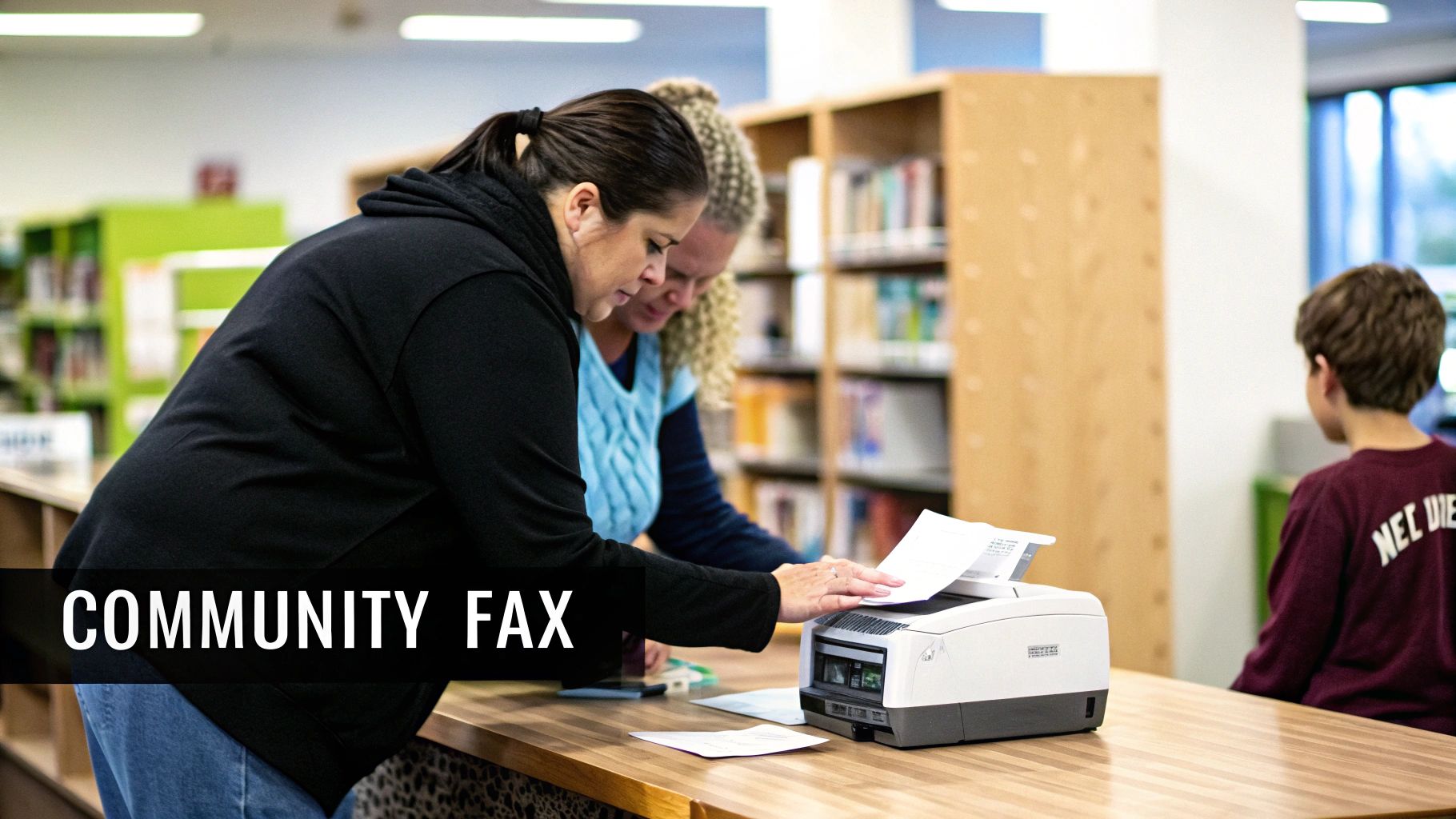 Two women operating a fax machine in a community library, with a boy sitting nearby.