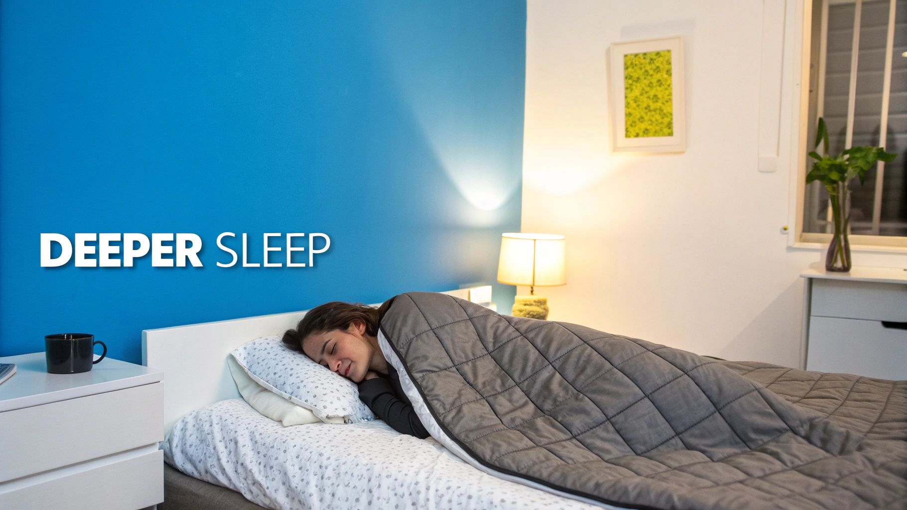A person peacefully sleeping in bed under a grey weighted blanket, promoting deeper sleep.