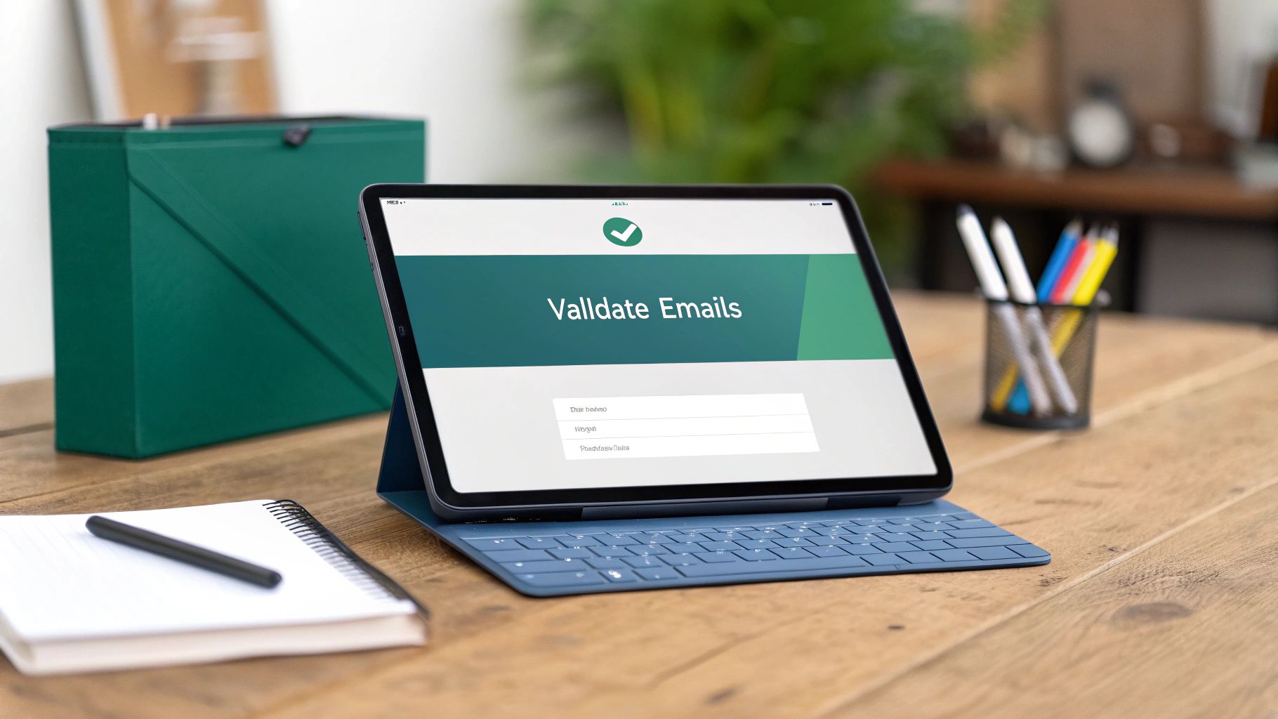 A magnifying glass hovering over a computer screen, with a green checkmark appearing on a valid email address.