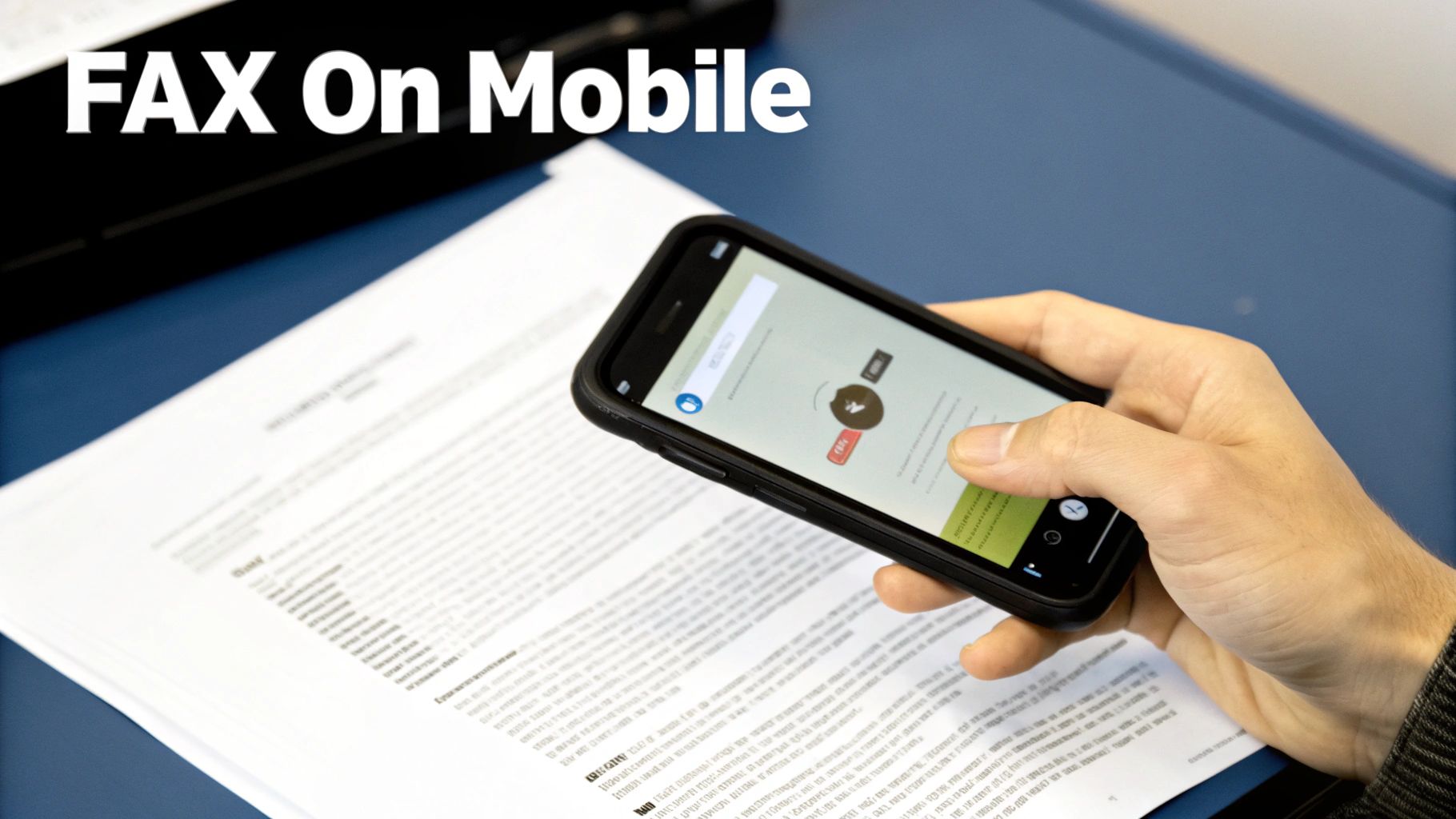 A person uses a smartphone to scan documents, demonstrating mobile faxing technology.