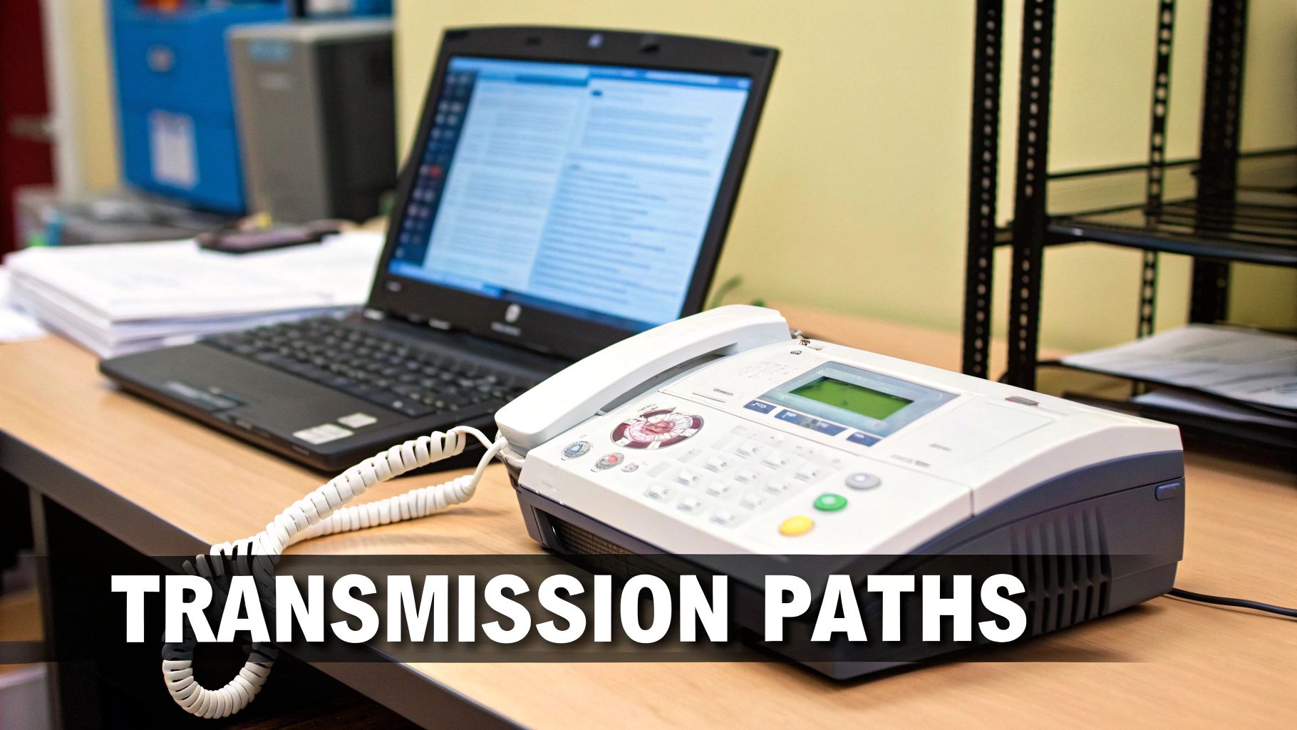 A white fax machine with a telephone handset and a black laptop on a wooden office desk.