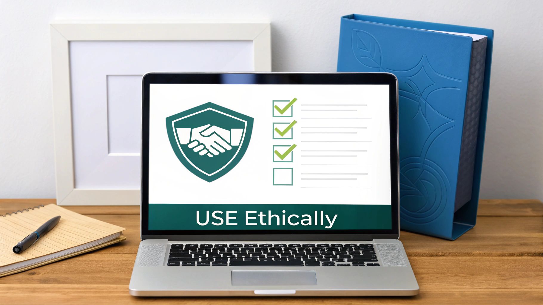 Laptop screen displaying 'USE Ethically' with a handshake shield icon and a completed checklist.