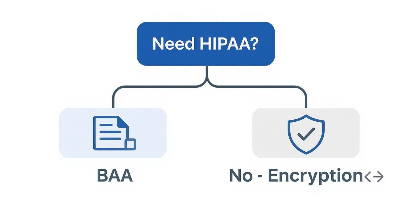 An infographic decision tree showing that if you need HIPAA compliance, you need a Business Associate Agreement (BAA), and if not, robust encryption is the key security feature.