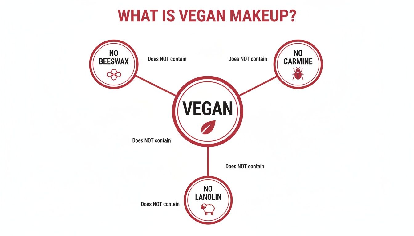 A diagram defining vegan makeup, showing it does not contain beeswax, carmine, or lanolin.
