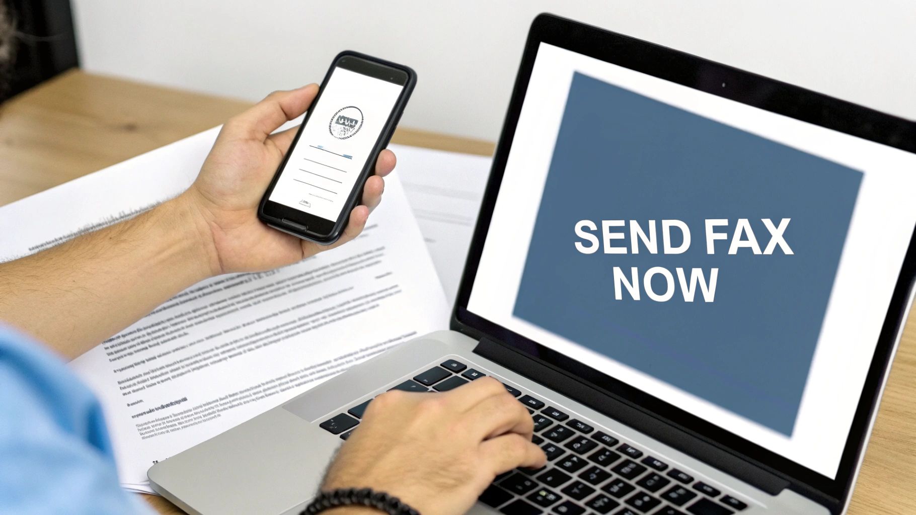 A hand holding a smartphone next to a laptop displaying 'SEND FAX NOW' for online faxing.