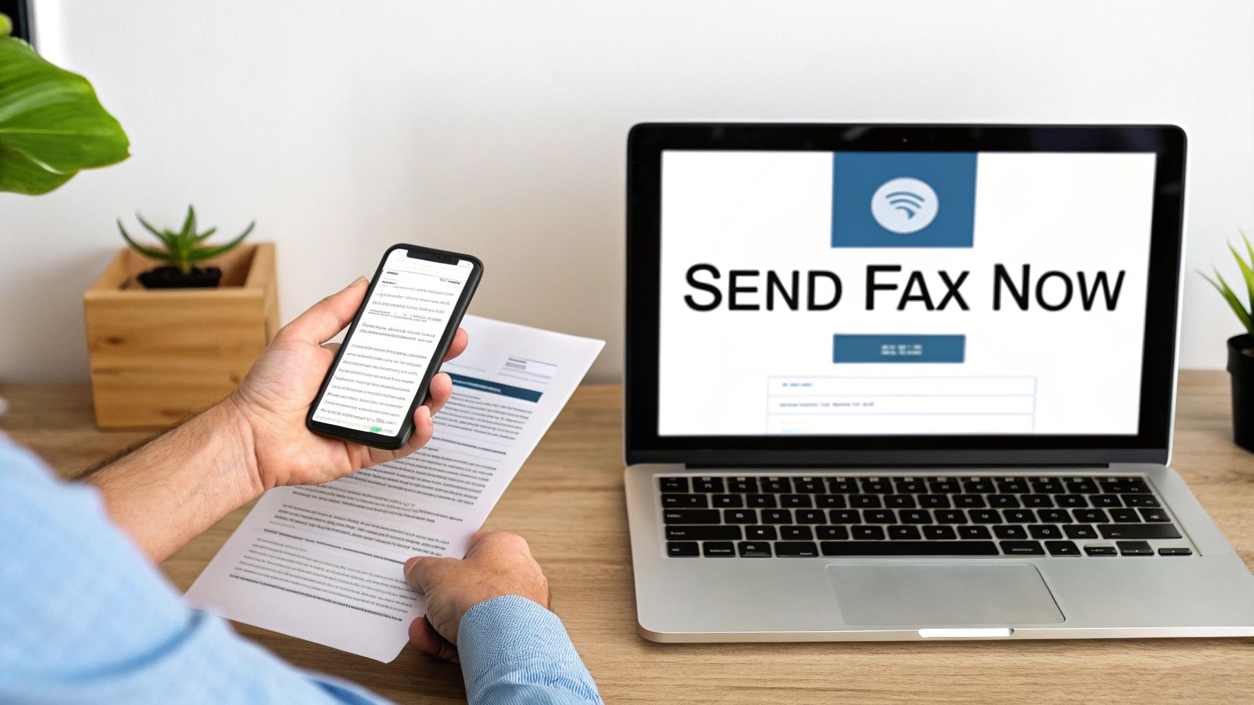 Hands holding a phone and paper next to a laptop promoting online fax services.