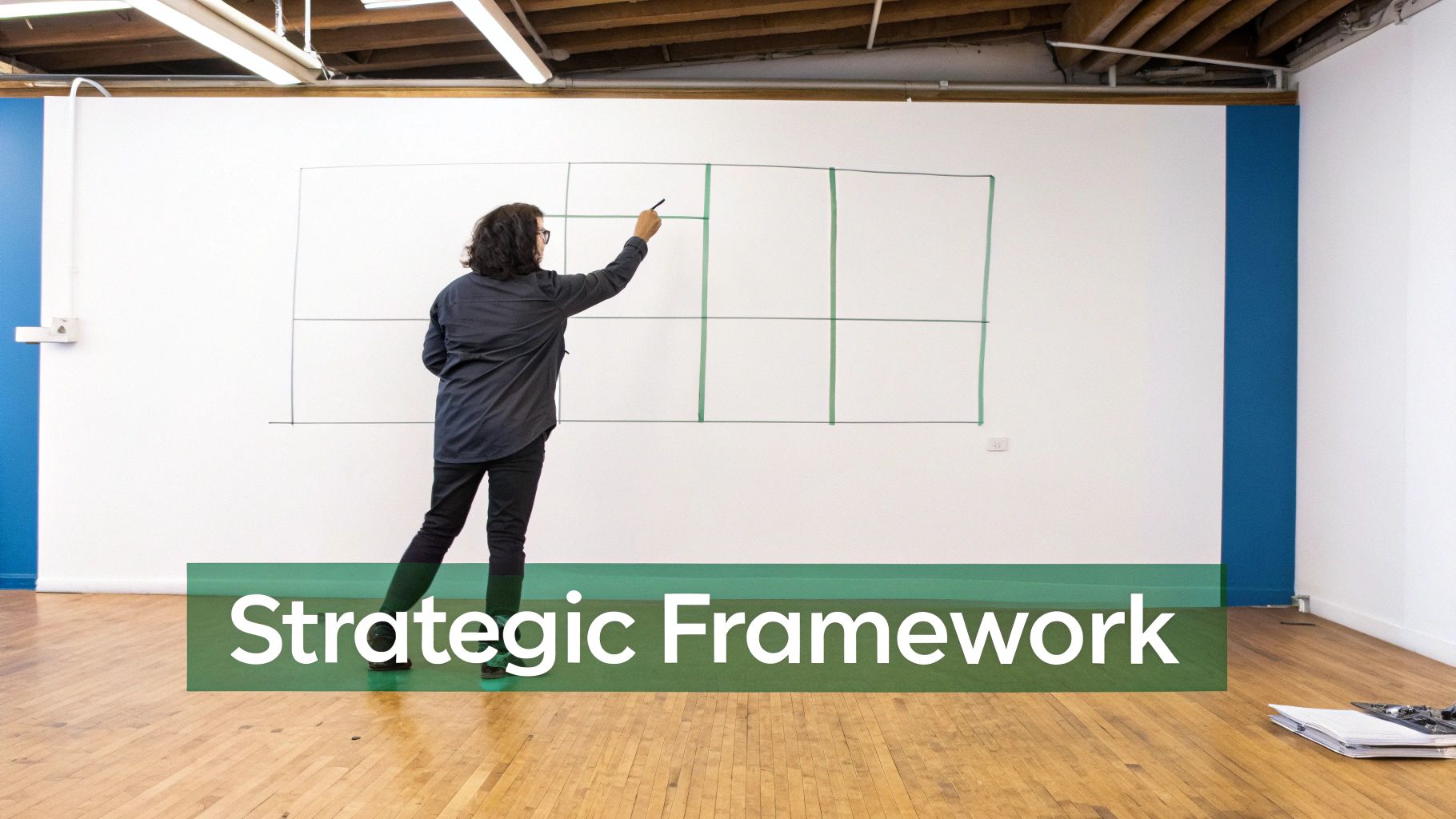 Person drawing strategic framework grid on whiteboard in modern office workspace for business planning