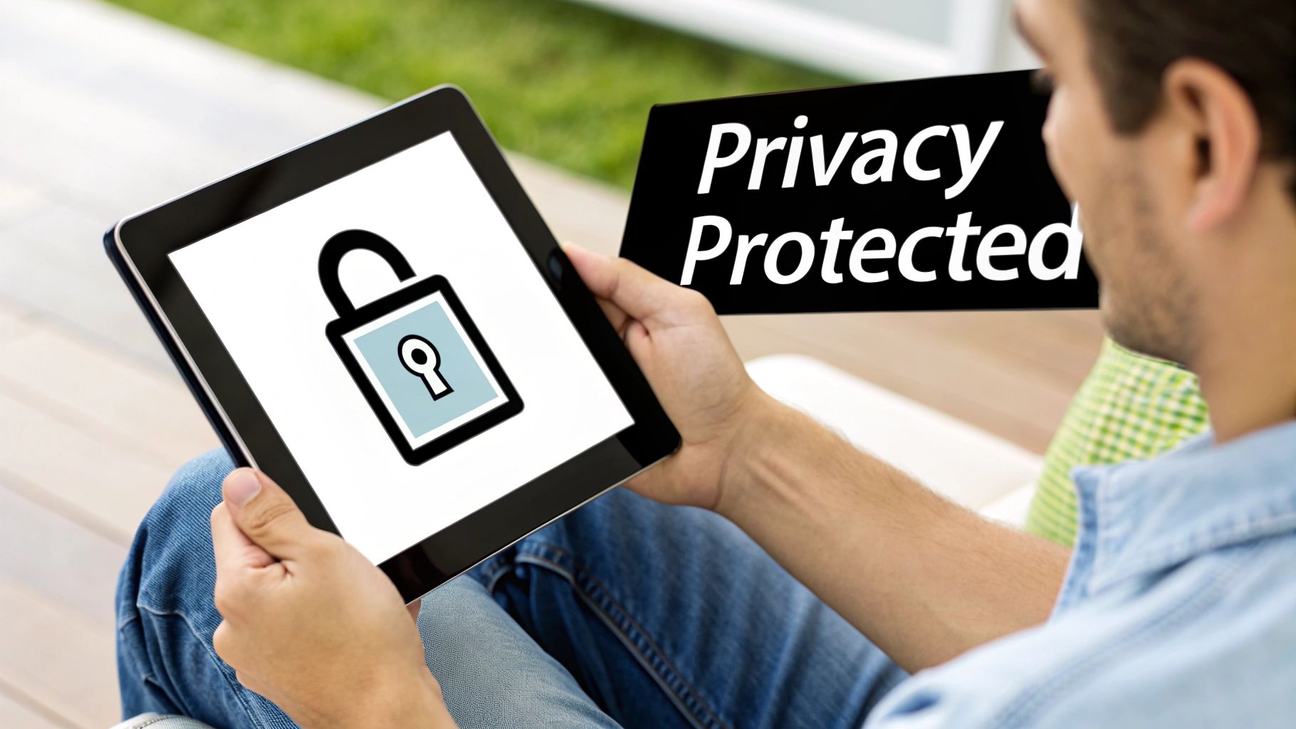 A man holds a tablet displaying a padlock icon, with 'Privacy Protected' on a screen behind him, symbolizing digital security.