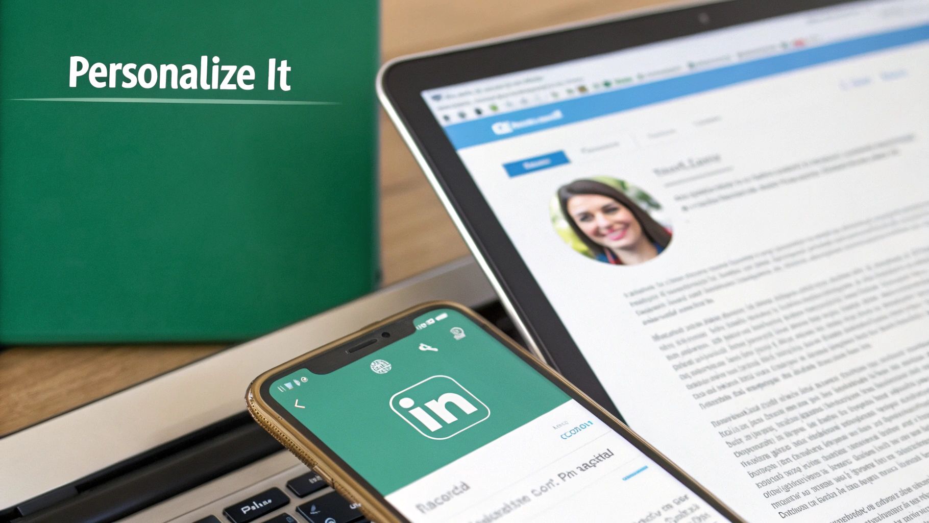 Digital devices displaying personalized LinkedIn profiles, highlighting professional networking and branding.