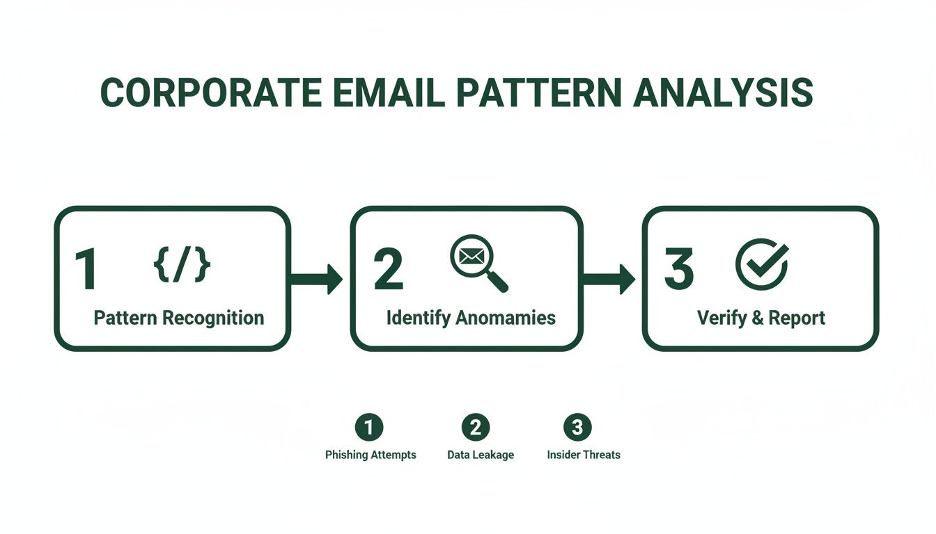A three-step diagram illustrating corporate email pattern analysis to identify security threats like phishing and data leakage.