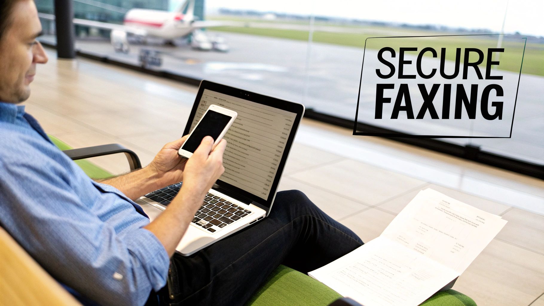 A person using their smartphone to manage documents while sitting on a couch.
