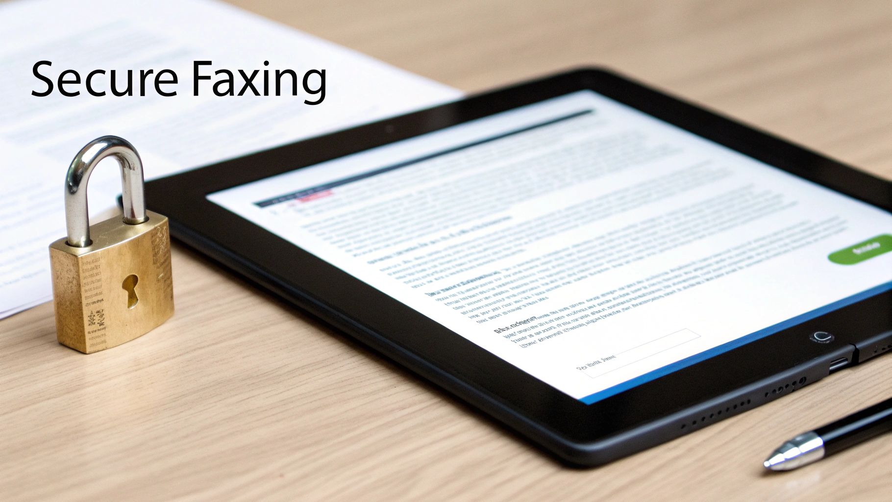 A digital lock icon overlaid on a document, symbolizing secure online faxing.