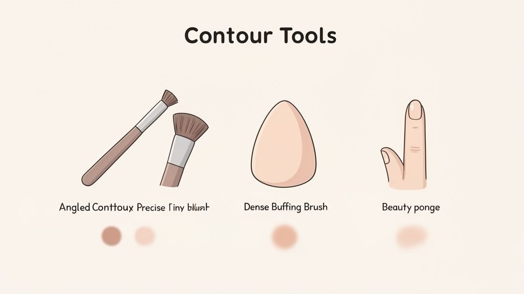 An illustration showing various contouring tools including brushes, a beauty sponge, and a finger, with color swatches.