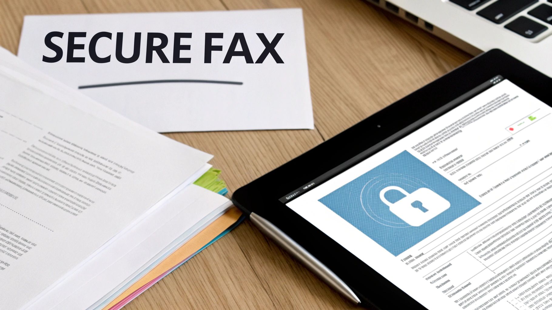 A tablet displaying a lock icon, papers, and a document labeled 'SECURE FAX' on a wooden desk.