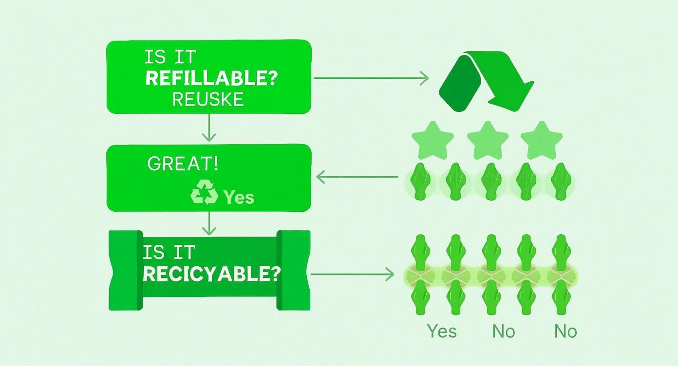 A green flowchart illustrating a sustainability guide for refillable and recyclable products.