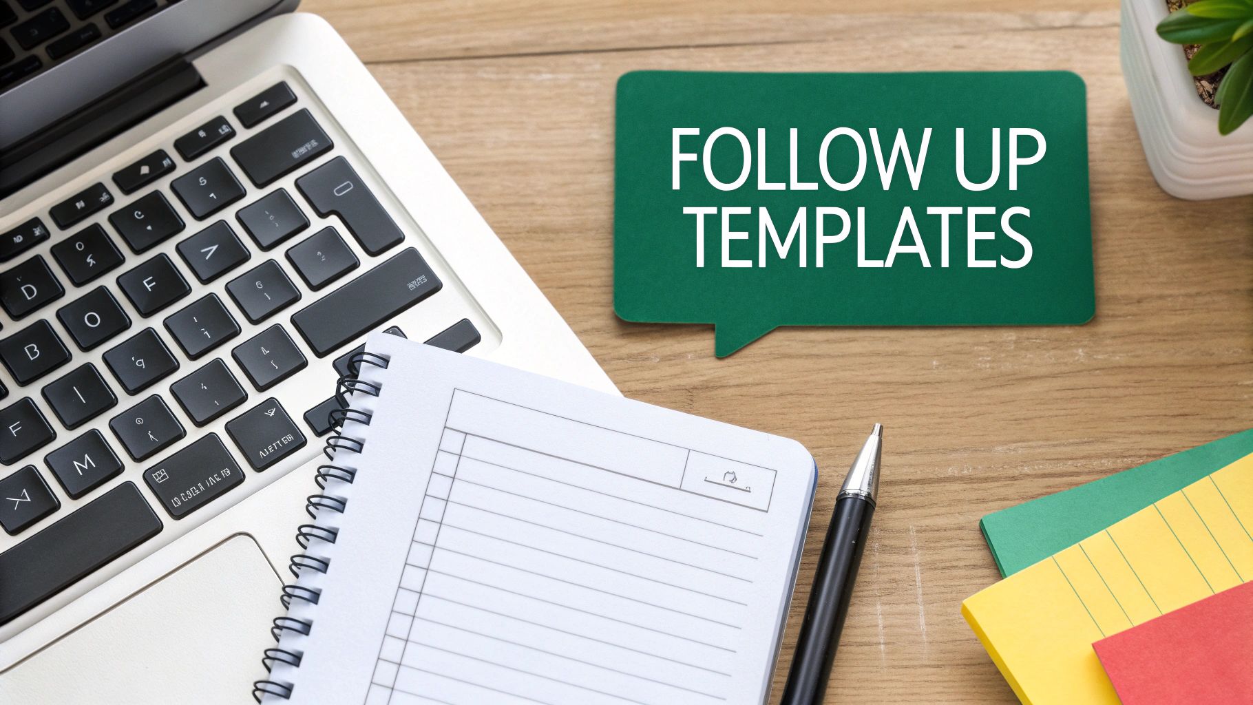 A flat lay of a workspace with a laptop, notebook, pen, and a 'FOLLOW UP TEMPLATES' speech bubble.