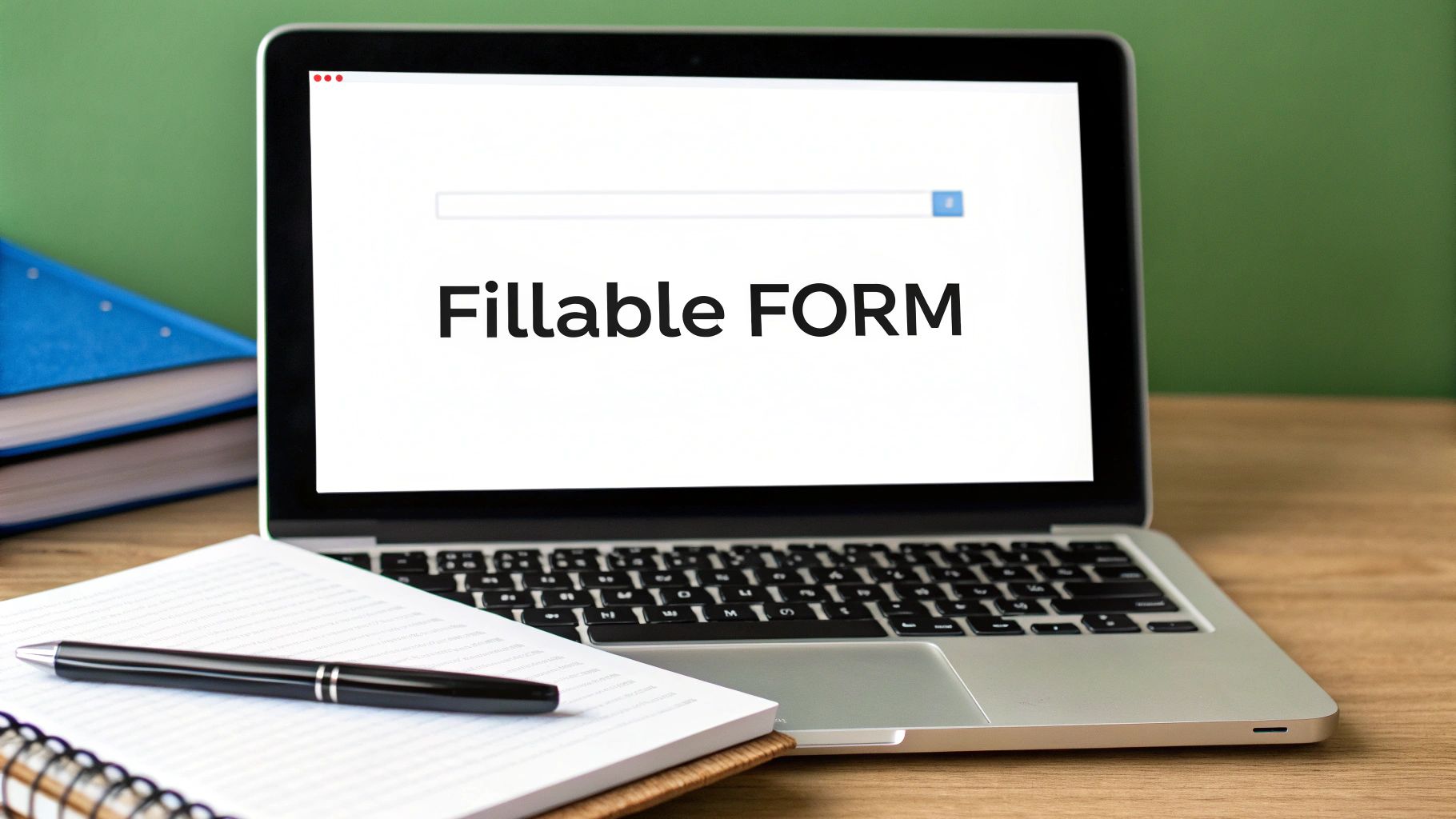 A laptop screen displays 'Fillable FORM', with a pen and notebook on a wooden desk.