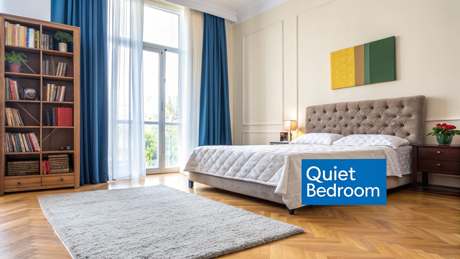 A serene and quiet bedroom featuring a comfortable bed, large window, and a wooden bookshelf.