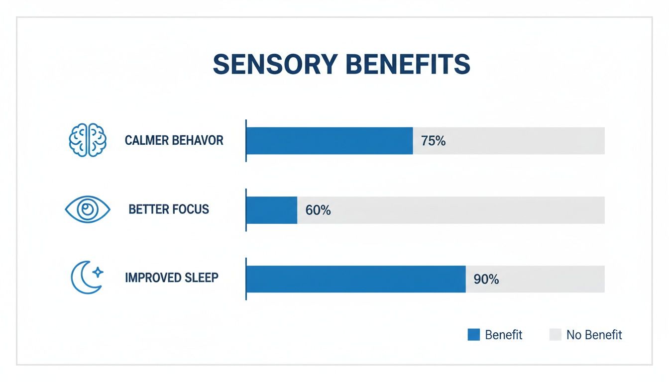 Bar chart illustrating sensory benefits: calmer behavior 75%, better focus 60%, and improved sleep 90%.