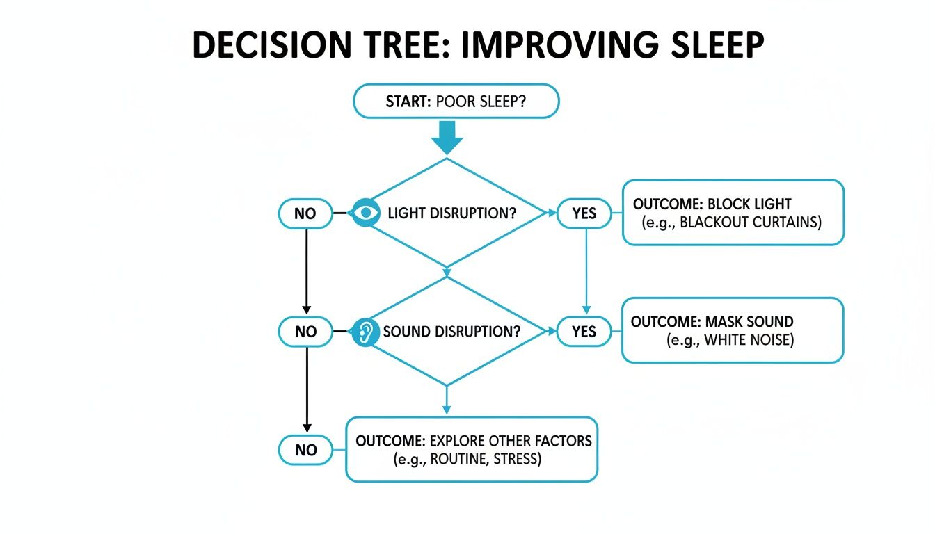 A decision tree flowchart for improving sleep, addressing light, sound, routine, and stress factors.