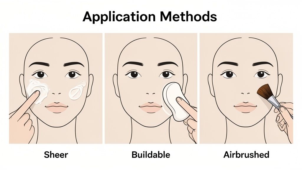 Three illustrations show makeup application methods: sheer with fingers, buildable with sponge, and airbrushed with brush.