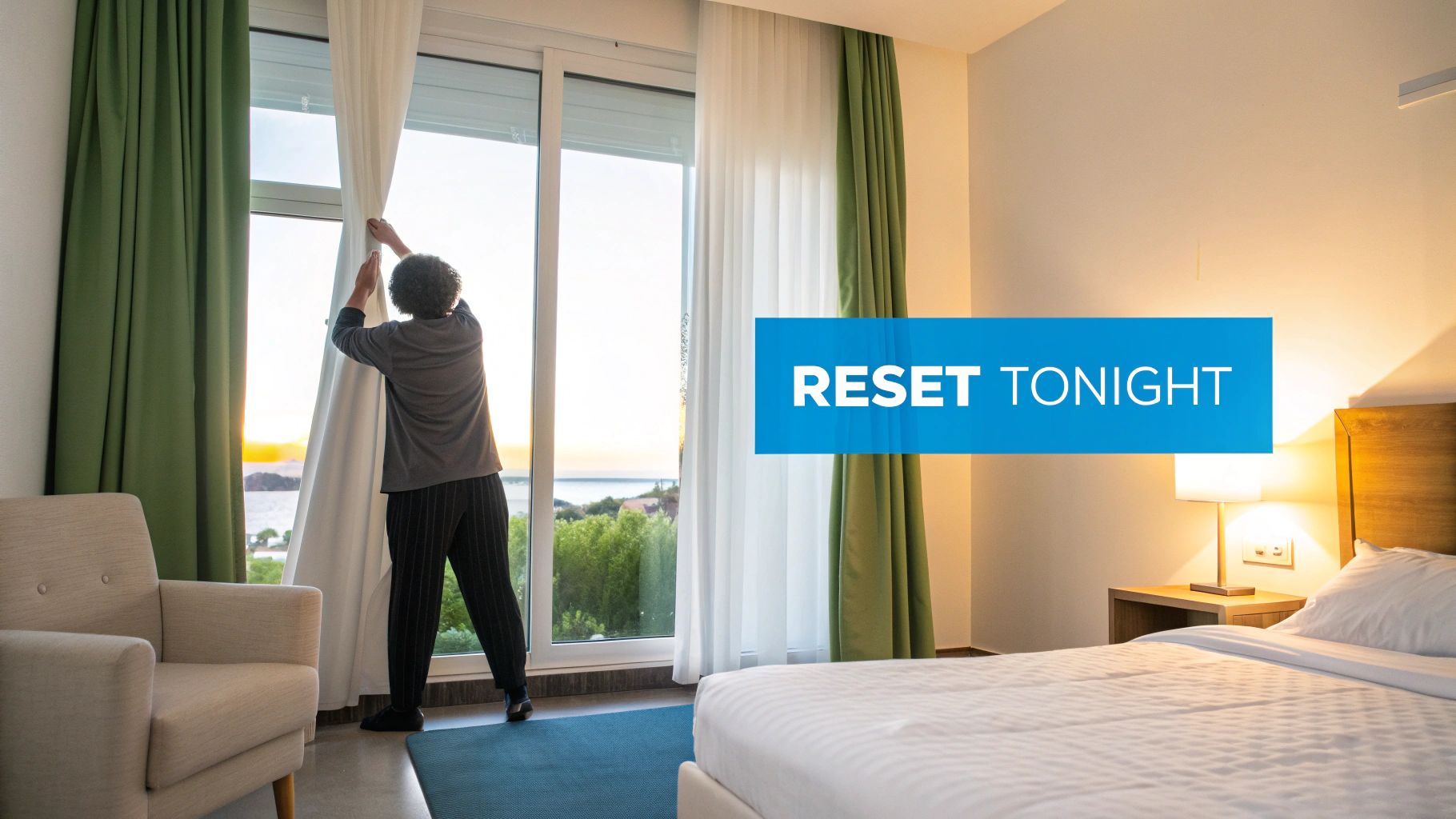 Person opening curtains in bright hotel room with ocean view to regulate circadian rhythm