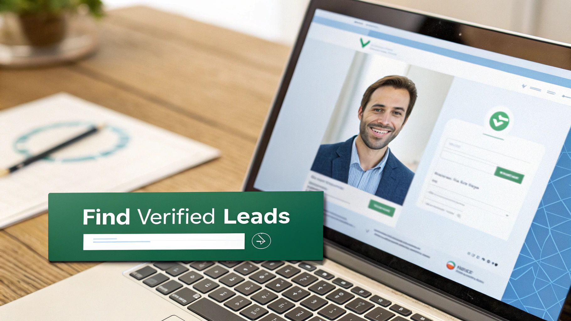 Laptop displaying a smiling man and forms, with a 'Find Verified Leads' sign on a wooden desk.